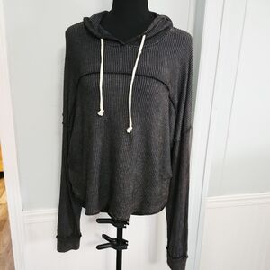 Charcoal Gray Hooded Women's Crop Hoodie Top